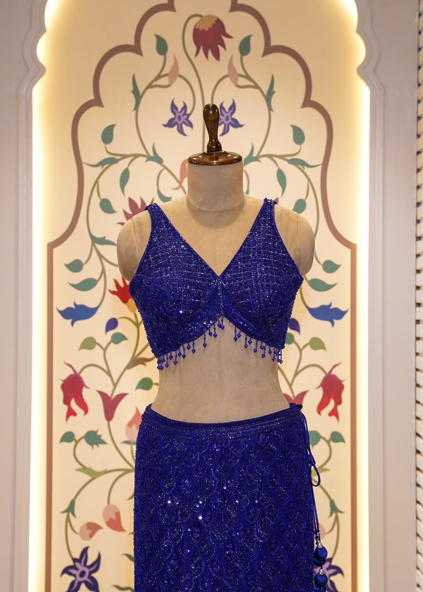 Electric Blue Bead Embroidered Crop Top Fish-cut Skirt Set