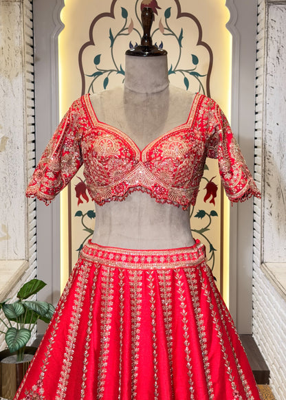 Red Bead Embroidered Mehrab Style Bridal Lehenga with Stitched Blouse & 2 Dupattas