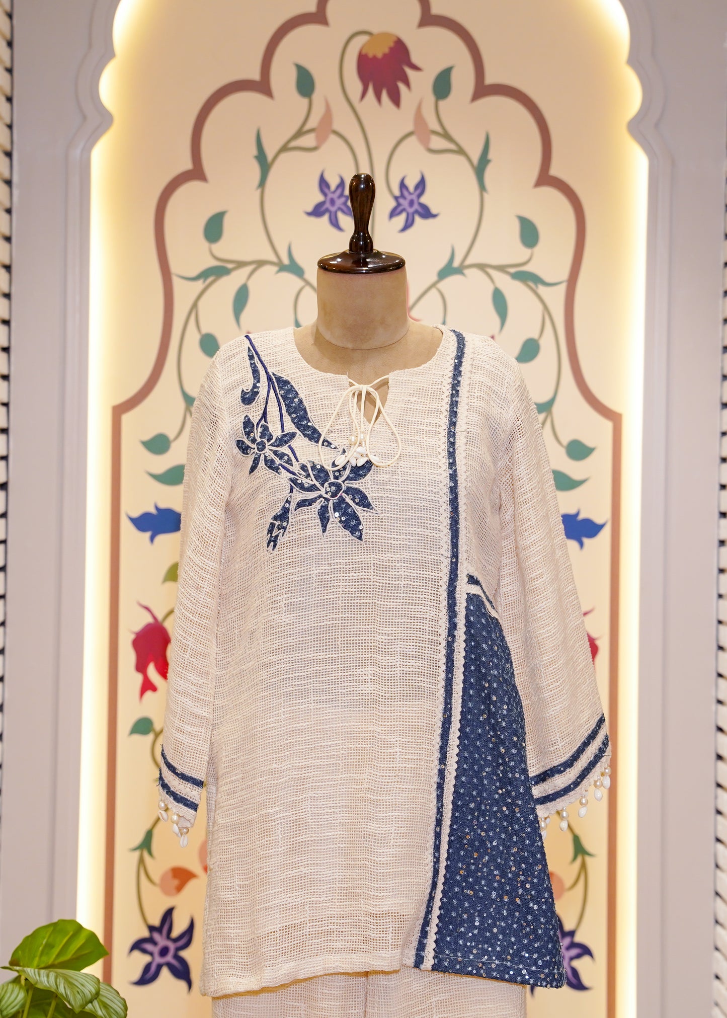 Ivory & Blue Cotton Jute Co-ord Set with Applique Embroidery