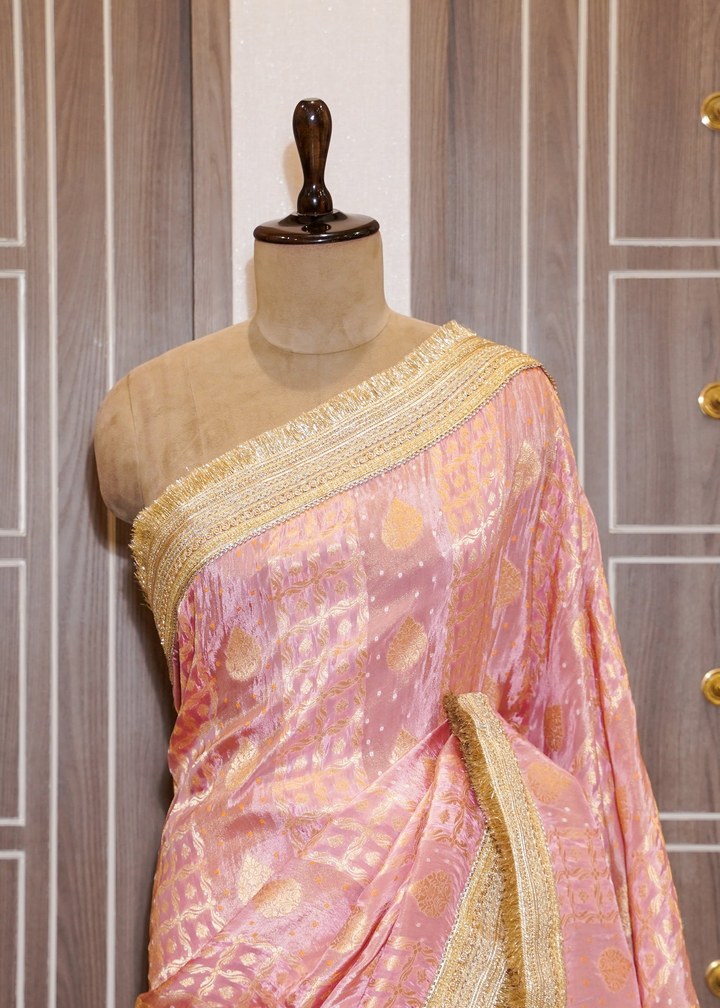 Pink Tissue Weaving Saree with Gota Lace and Unstitched Blouse
