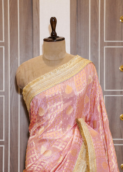 Pink Tissue Weaving Saree with Gota Lace and Unstitched Blouse