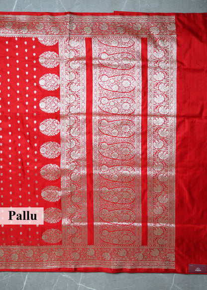 Red Booti & Zari Border Banarasi Saree with Unstitched Blouse