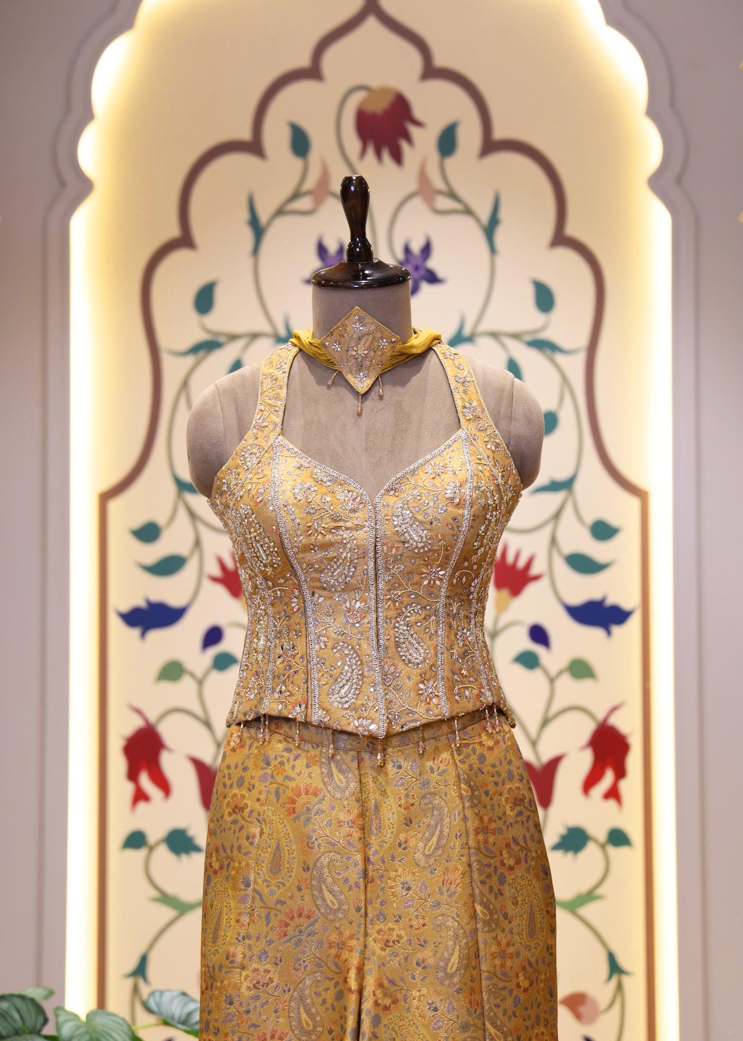 Saiyaara Yellow Banarasi Sharara Corset Top Set