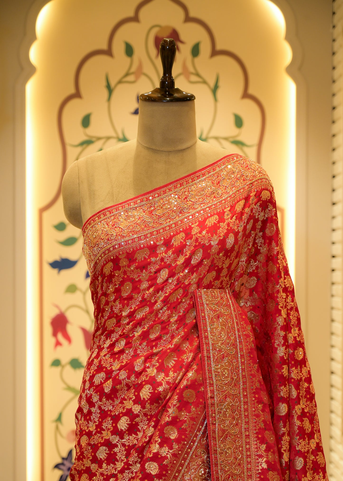Red Hand Embroidered Dola Silk Saree with Elephant Motifs and Unstitched Blouse