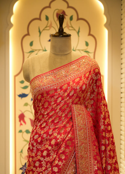 Red Hand Embroidered Dola Silk Saree with Elephant Motifs and Unstitched Blouse