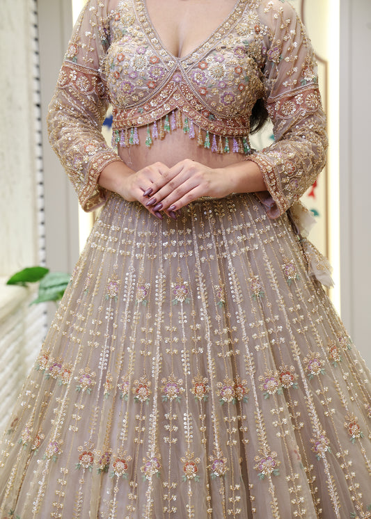 Meenal Golden Hand Embroidered Lehenga with Stitched Blouse