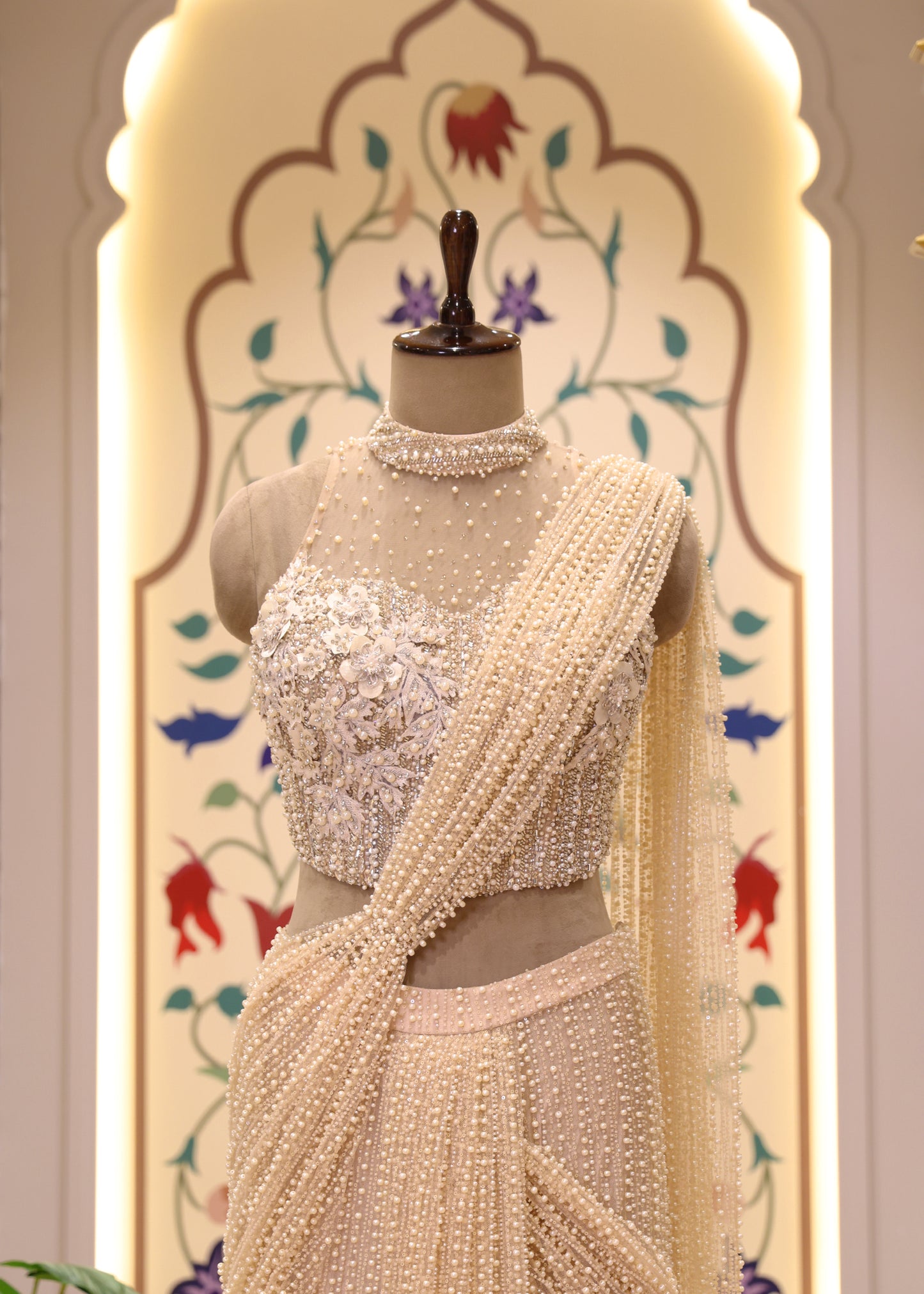 Suzain Ivory Cream Pearl Halter Neck Blouse with Pre Draped Saree