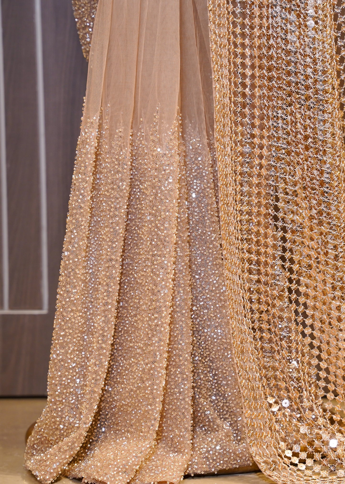 Golden Designer Pallu Saree with Hand Embroidered Pletes and Stitched Blouse