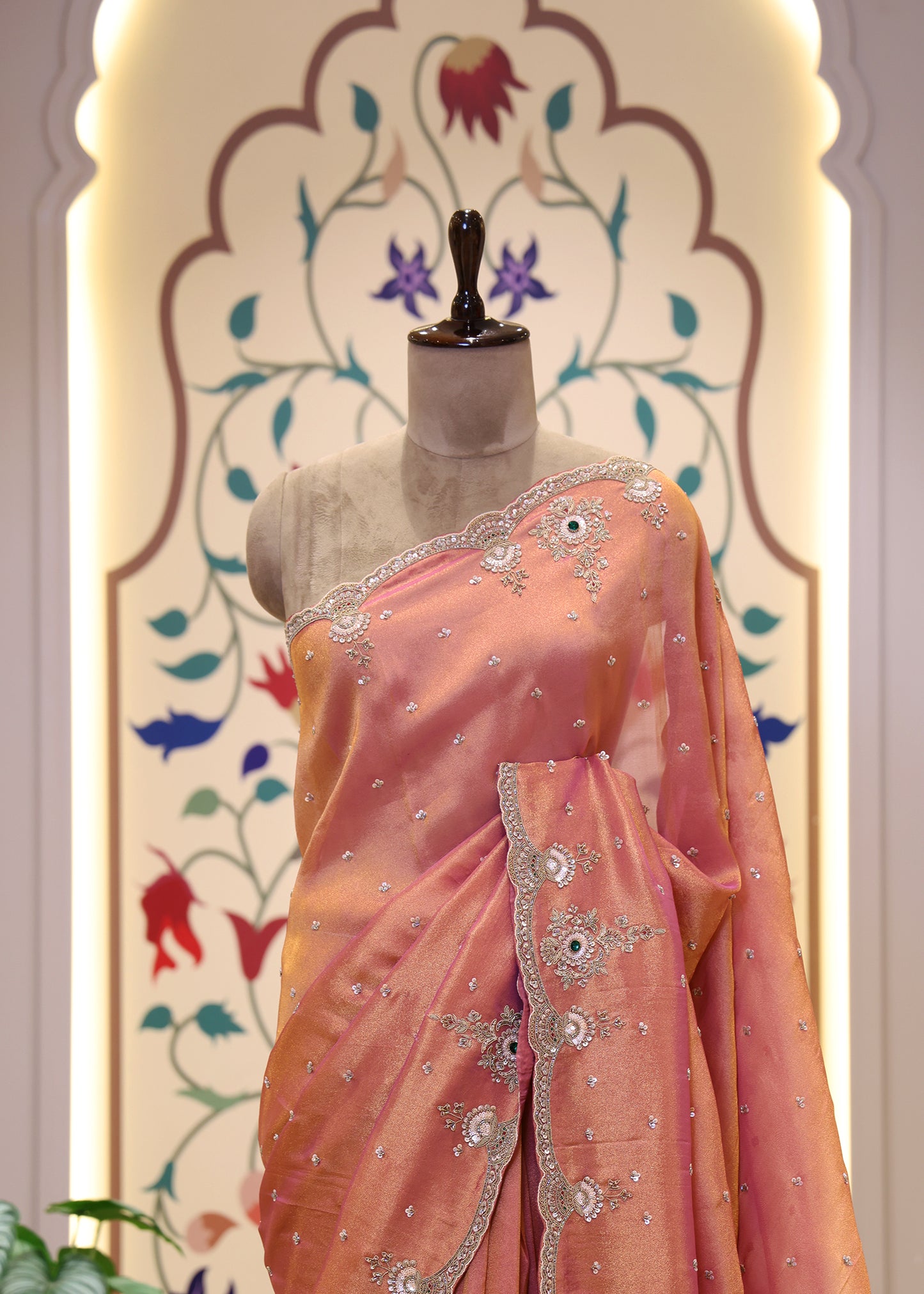 Sitara Peach Gemstones Saree with Unstitched Blouse