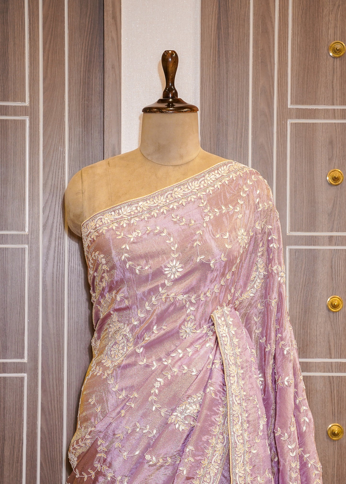 Lavender Hand Embroidered Gota Pati Saree with Unstitched Wine Blouse