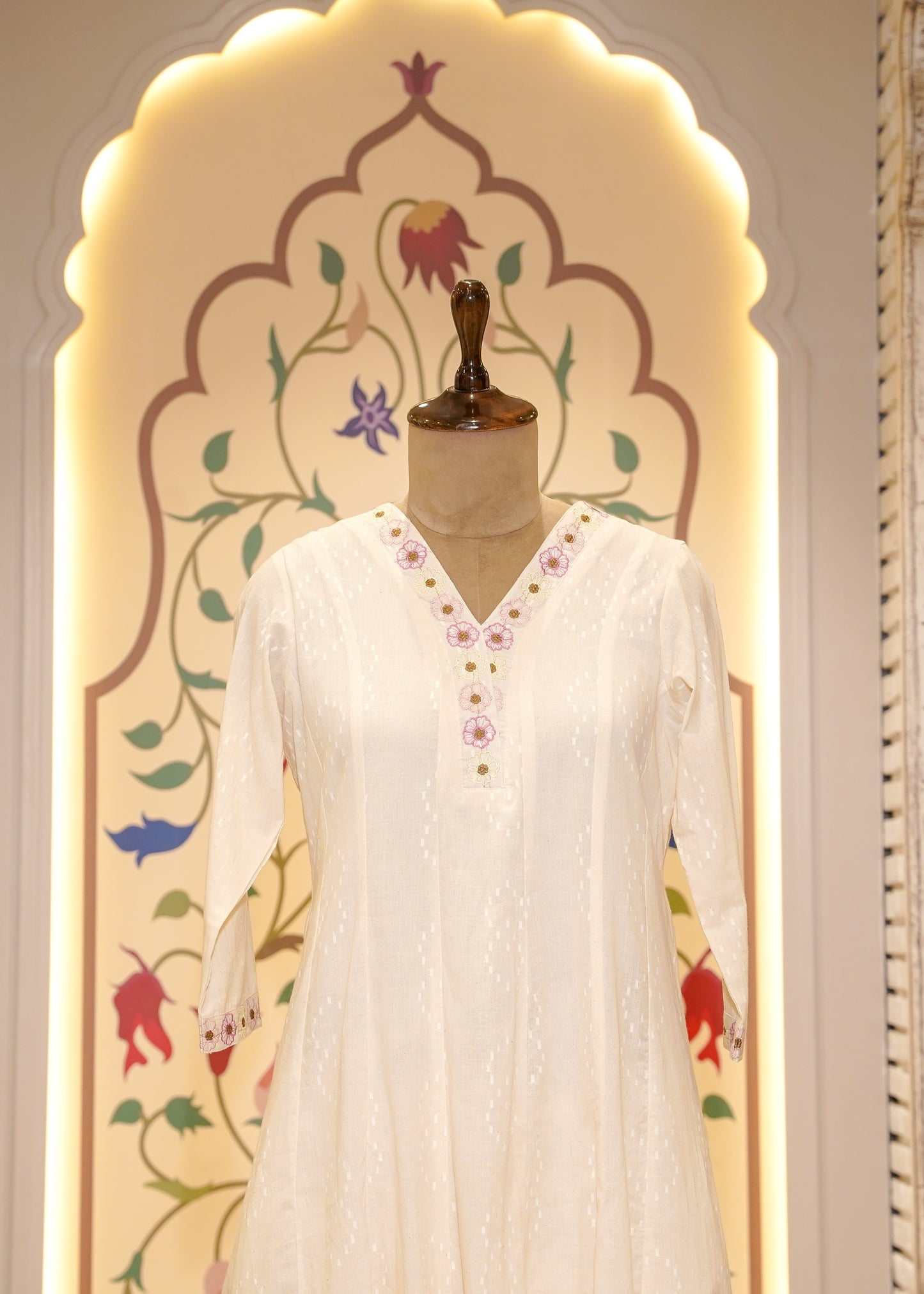 Ivory Cotton Anarkali with Floral Embroidery 3 pc Kurti Set