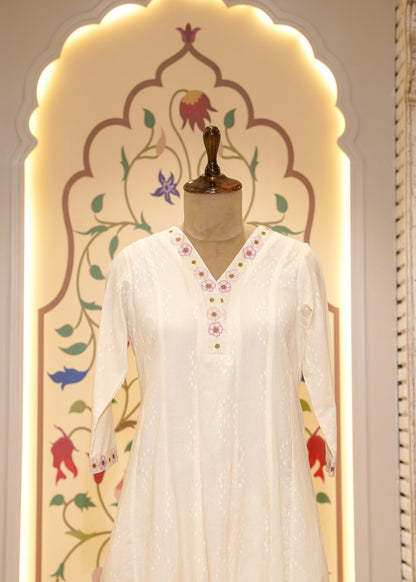 Ivory Cotton Anarkali with Floral Embroidery 3 pc Kurti Set