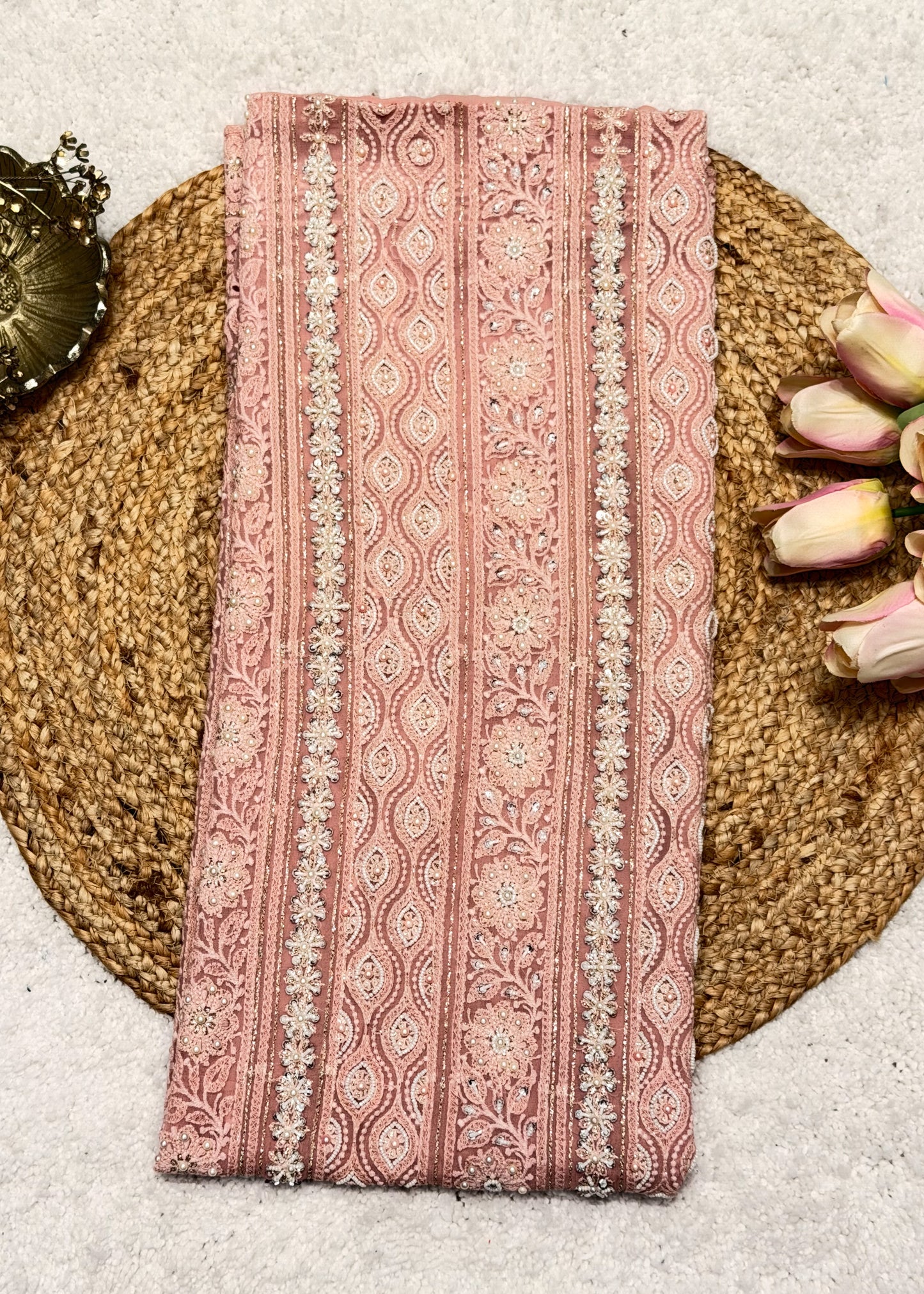 Heer Light Peach Chikankari with Moti Embroidered Suit Set