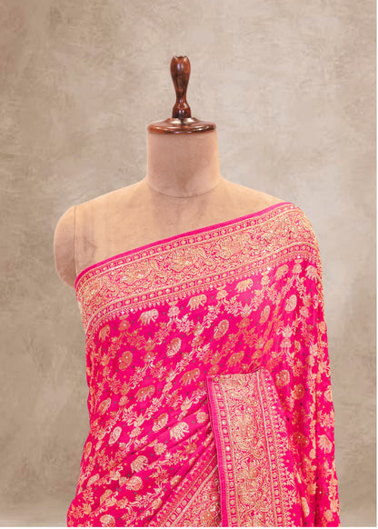 Rani Hand Embroidered Dola Silk Saree with Elephant Motifs and Unstitched Blouse