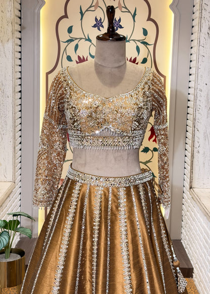 Mustard Mirror Embroidered Designer Lehenga with Full Sleeves Blouse