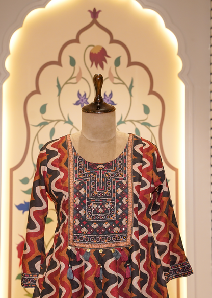 Brown & Red Printed Peplum with Pants Co-ord Set