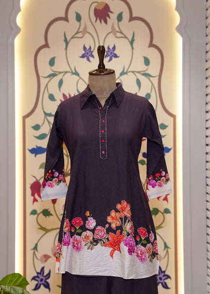 Purple Cotton Printed Co-ord Set with Collars