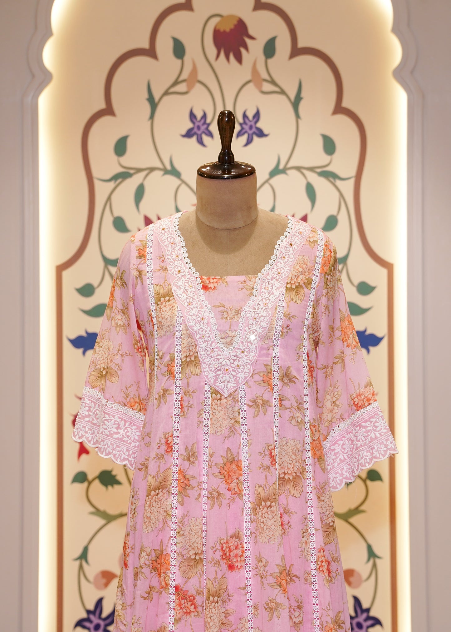 Pink Cotton Printed A Line 3 pc Kurti Set with Thread Embroidery