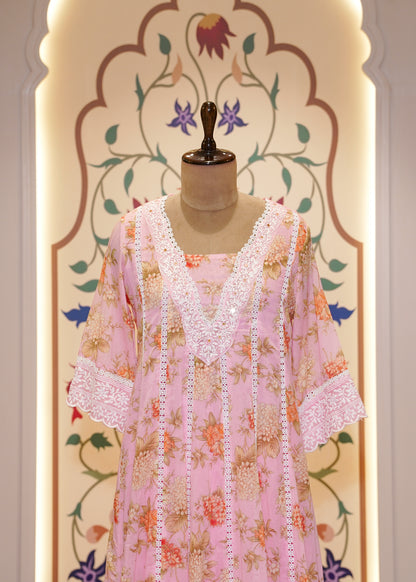 Pink Cotton Printed A Line 3 pc Kurti Set with Thread Embroidery