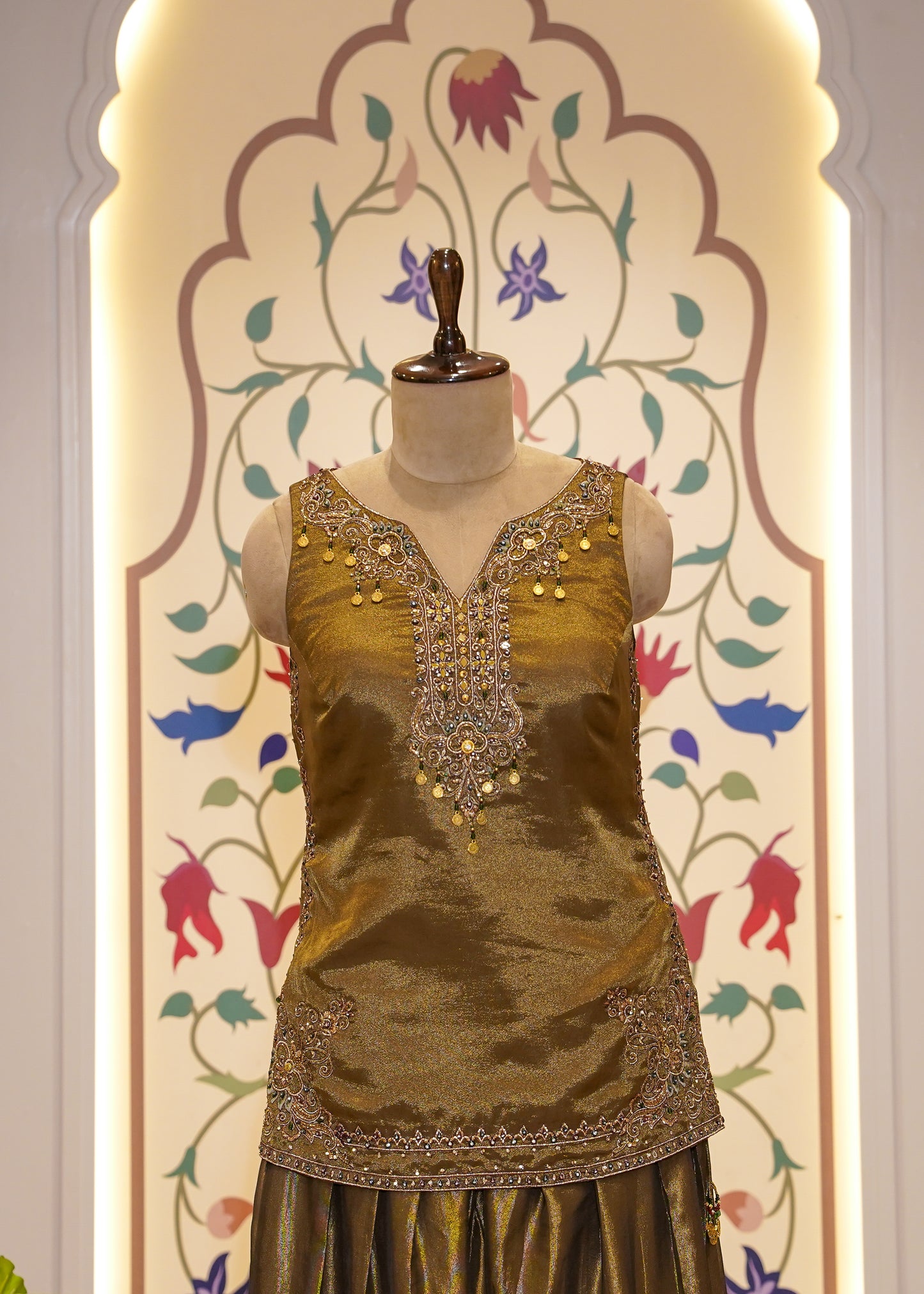 Mehendi Green Tissue Short Shirt with Farshi Salwar 3 pc Suit Set