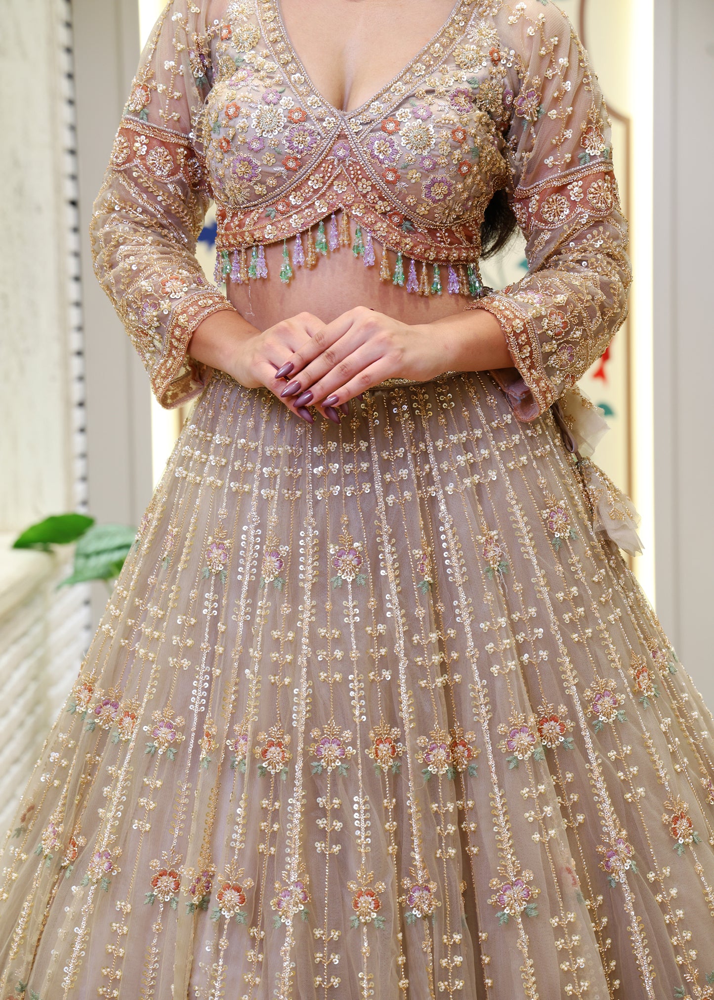 Meenal Golden Hand Embroidered Lehenga with Stitched Blouse