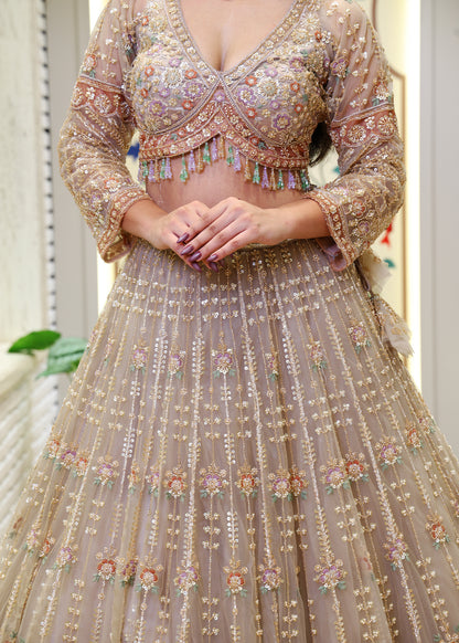 Meenal Golden Hand Embroidered Lehenga with Stitched Blouse