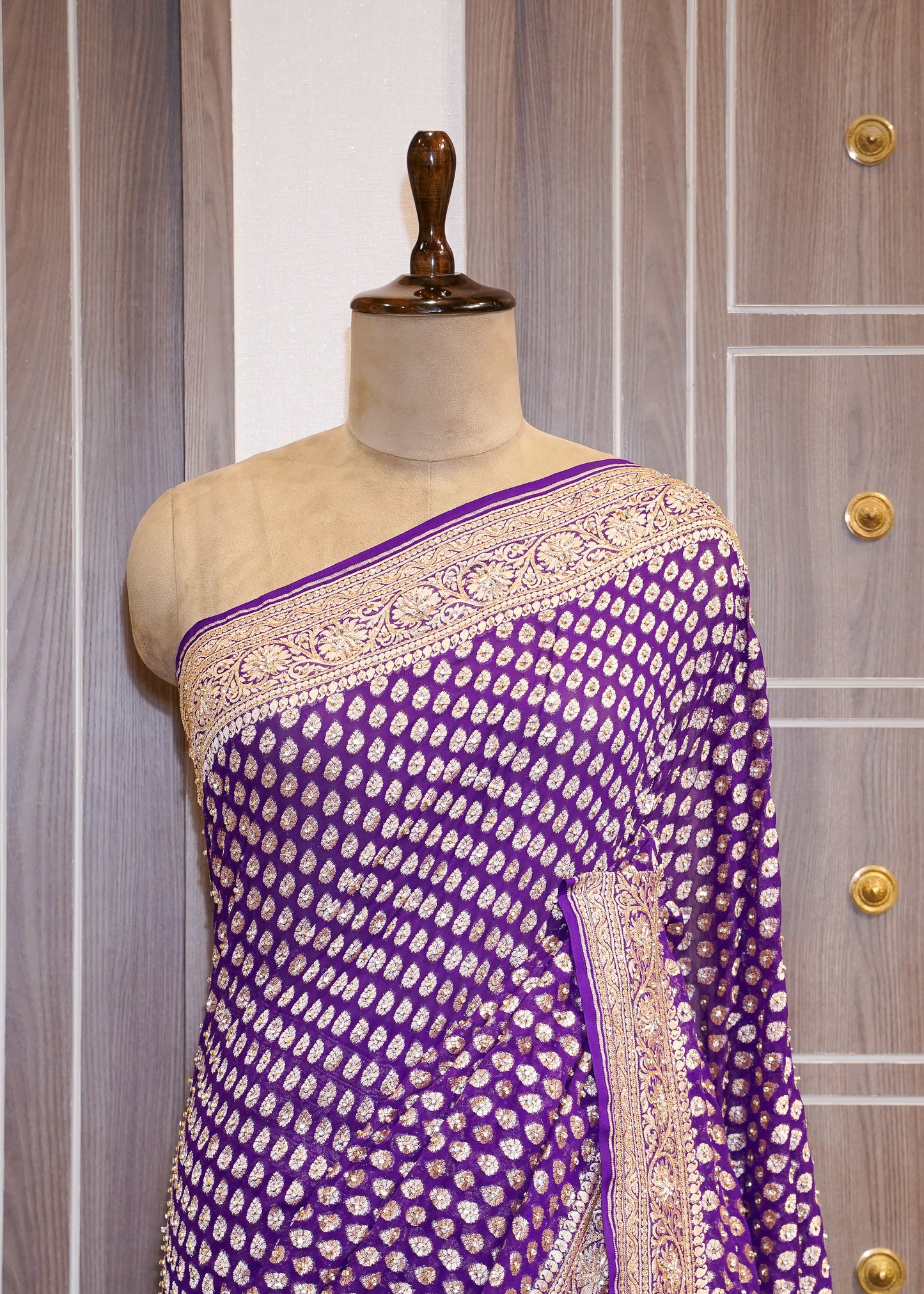 Bright Purple khadi Georgette Booti Saree with Zardozi Embroidery