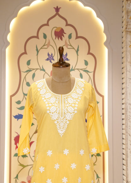 Yellow Thread Embroidered 3 pc Kurti Set