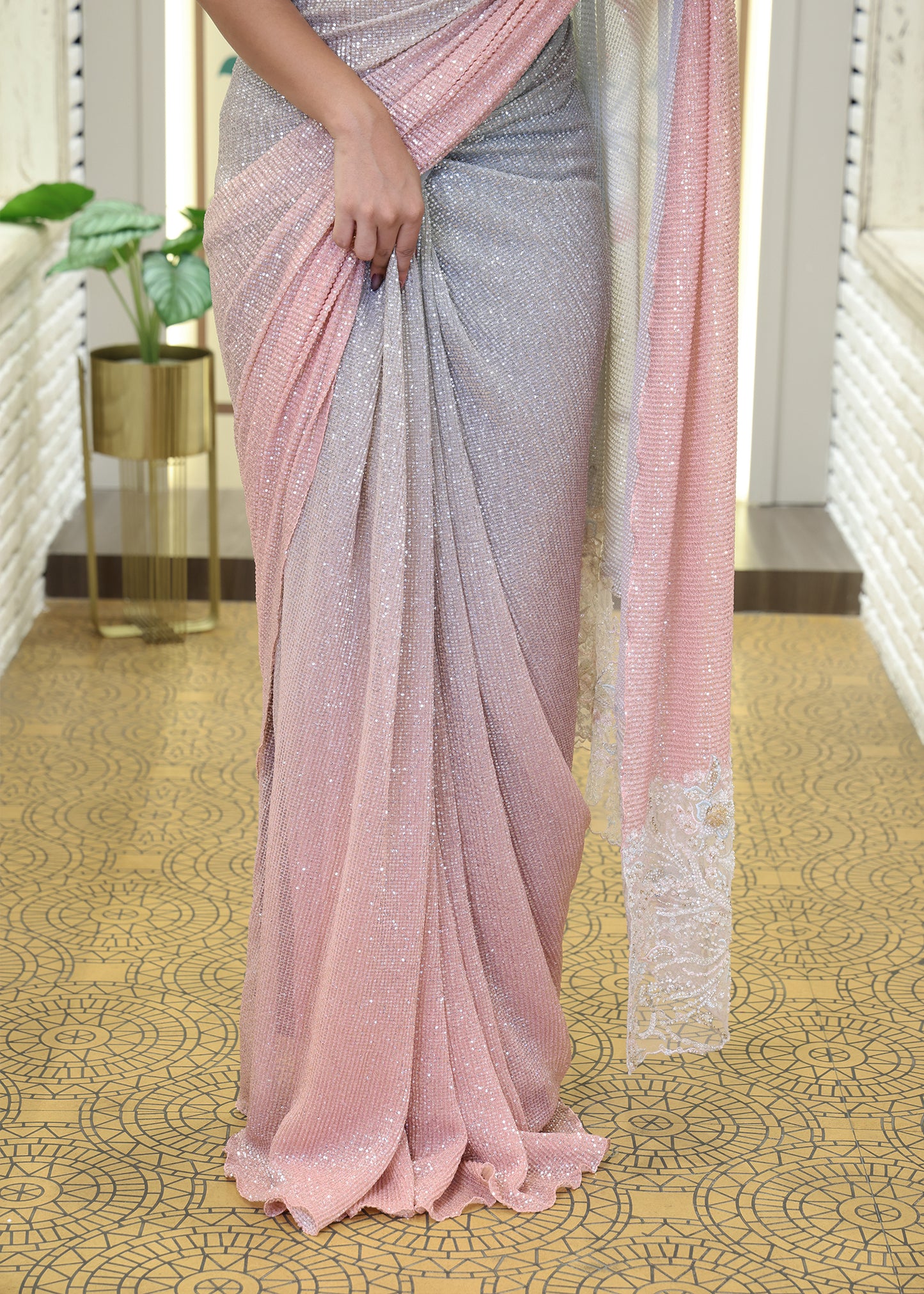 Kashish Ombre Pink & Blue Sequin Saree with Stitched Blouse