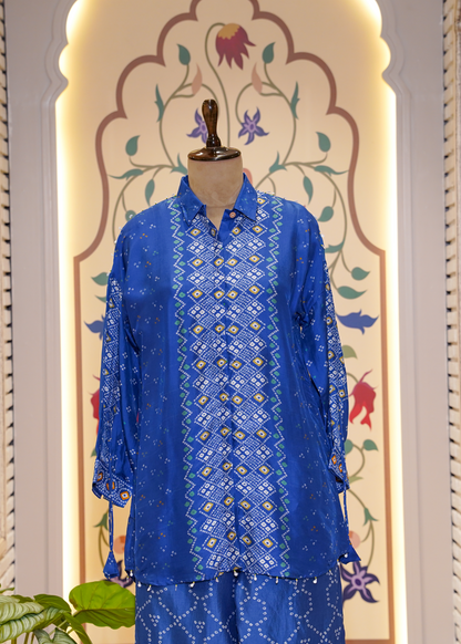 Electric Blue Printed Silk Co-ord Set with Collars