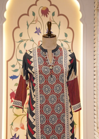 Red & Black Muslin Ajrak Printed 3-Piece Kurti Set