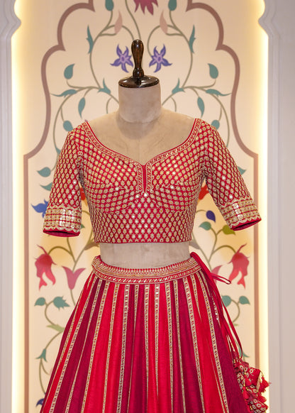 Royal Dual Tone Red & Deep Red Handcrafted Bridal Lehenga with Paisely Motifs & 2 Dupattas