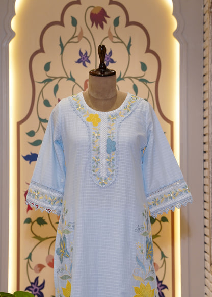 Powder Blue Check Cotton 3 pc Kurti Set