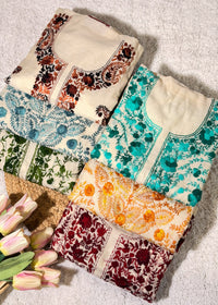 Ivory Chanderi with Green Kantha Embroidery Unstitched Suit Set