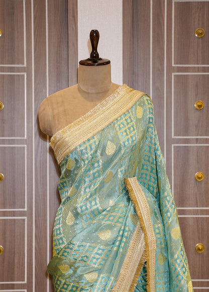 Sea Green Tissue Weaving Saree with Gota Lace and Unstitched Blouse
