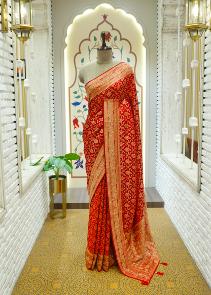 Nazini Red Satin Silk Jaal Saree with Unstitched Blouse