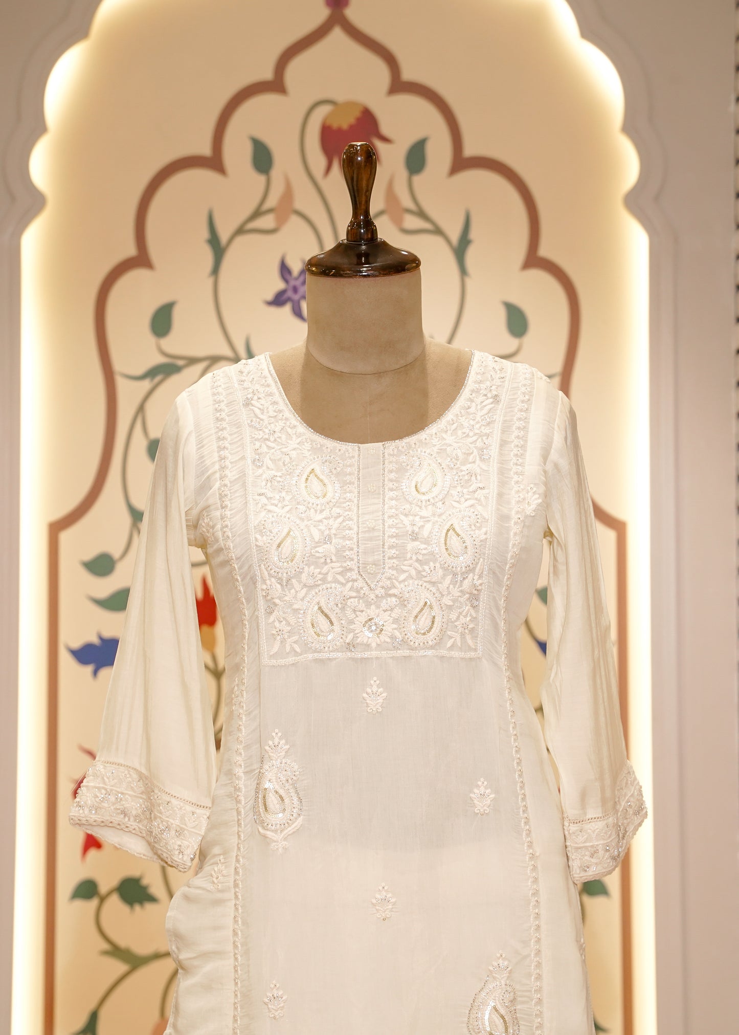 Ivory Mul Cotton Hand Embellished 3 pc Kurti Set
