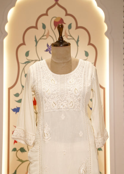 Ivory Mul Cotton Hand Embellished 3 pc Kurti Set