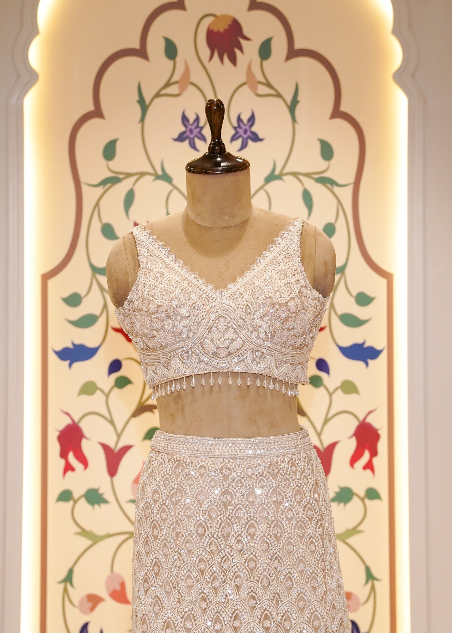 Beige Bead Embroidered Crop Top Fish Cut Skirt Set