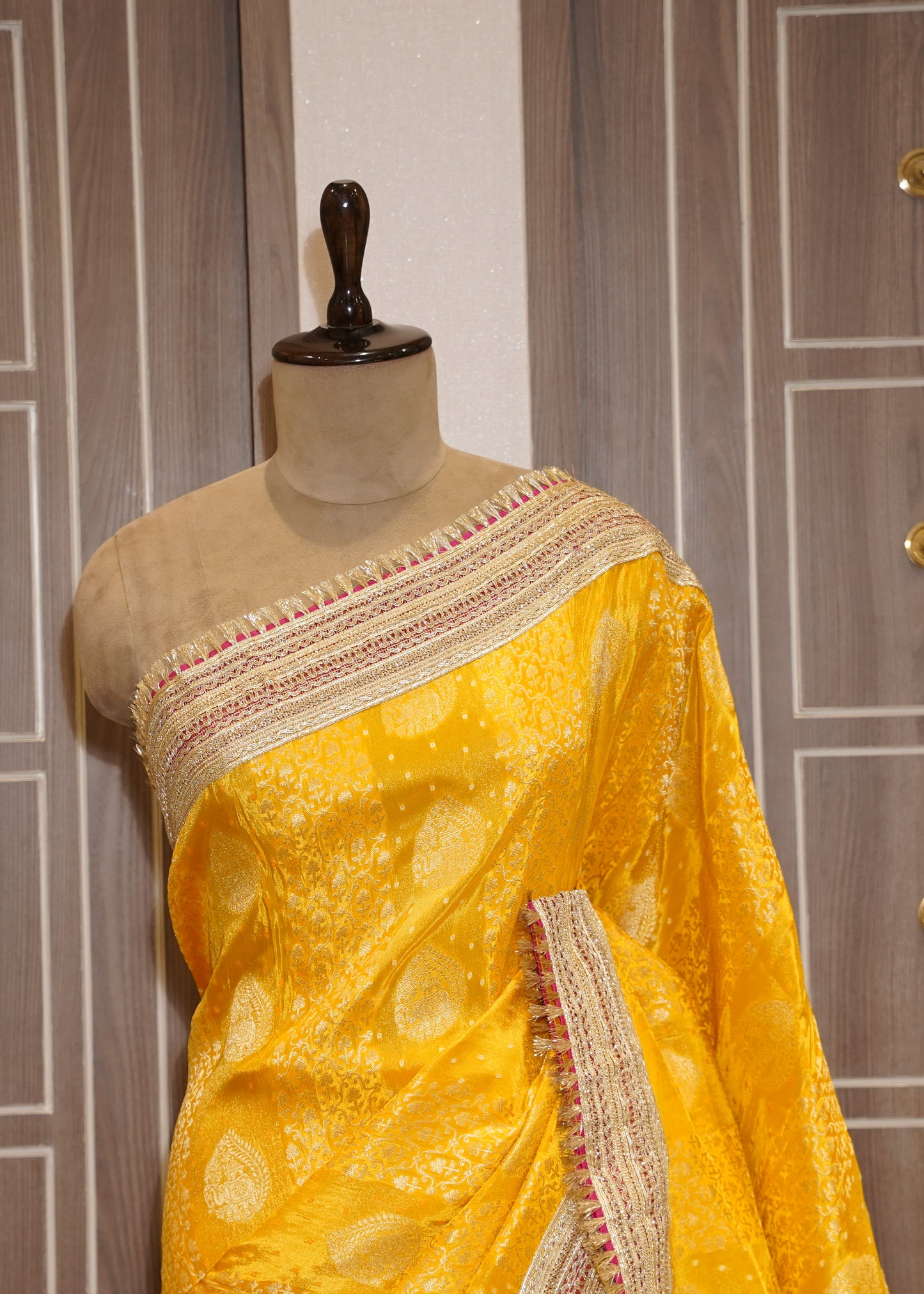 Yellow Tissue Weaving Saree with Gota Lace and Unstitched Blouse