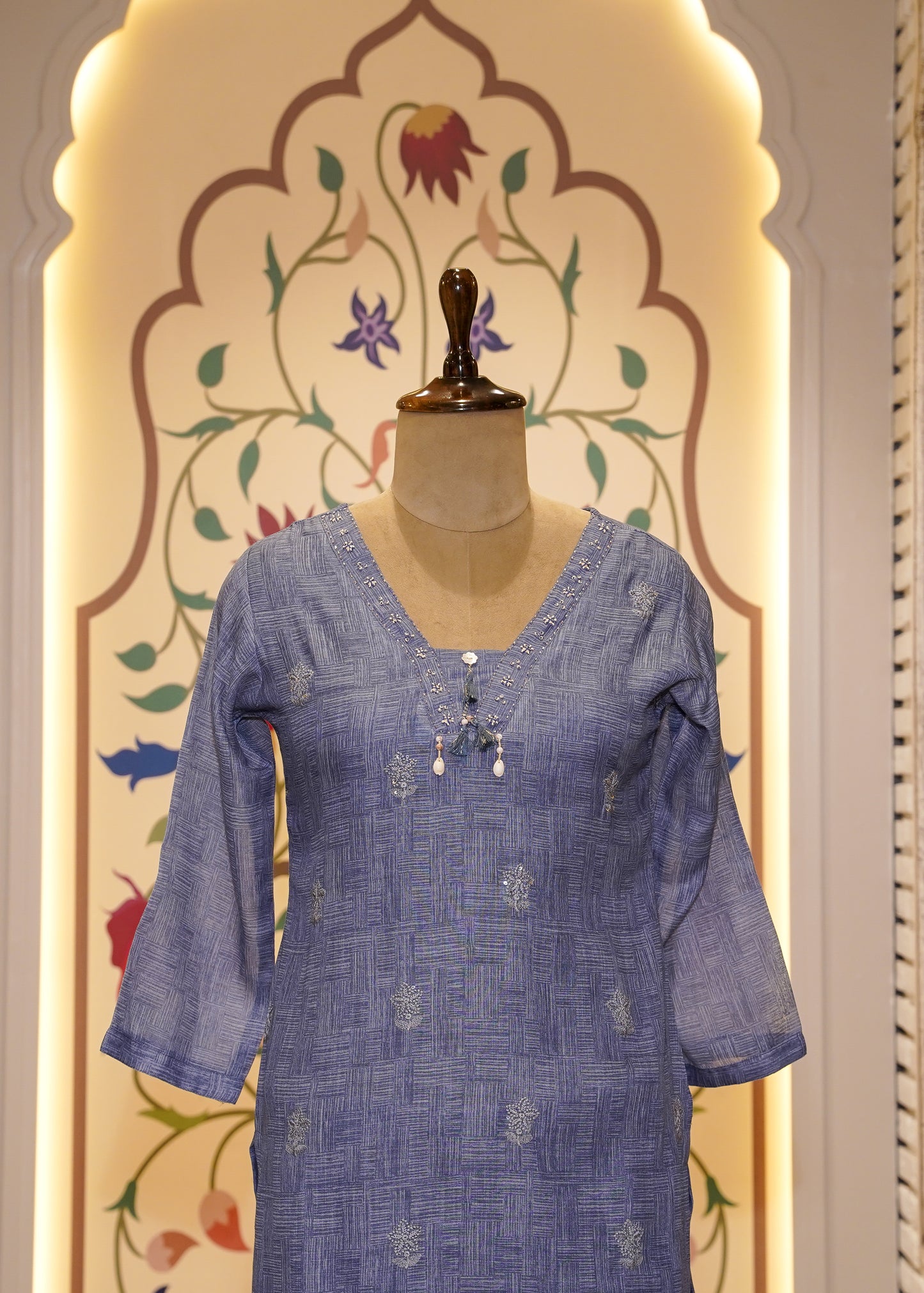 Blue Cotton Printed 3 pc Kurti set