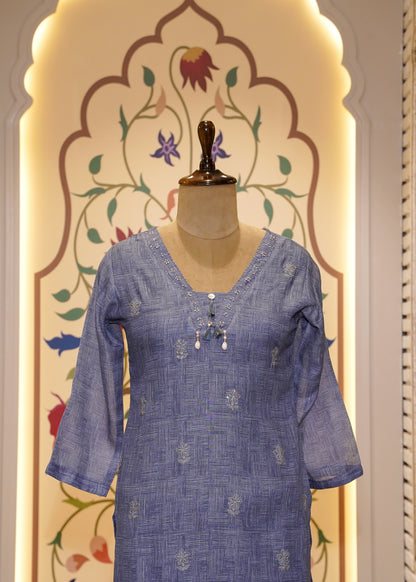 Blue Cotton Printed 3 pc Kurti set