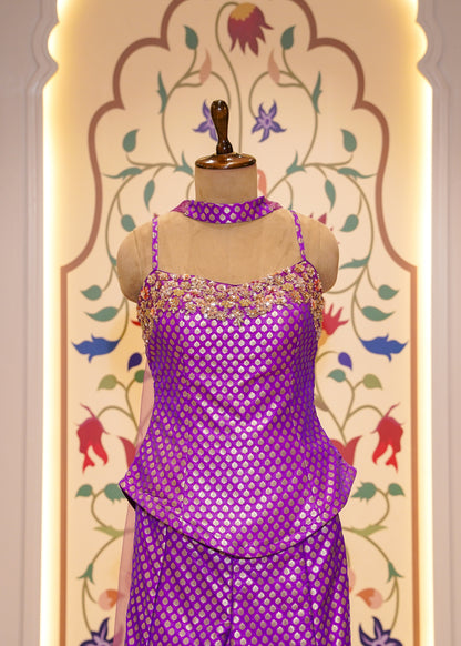 Bright Purple Silk Hand Embroidered Peplum & Plazo Set with Choker Dupatta