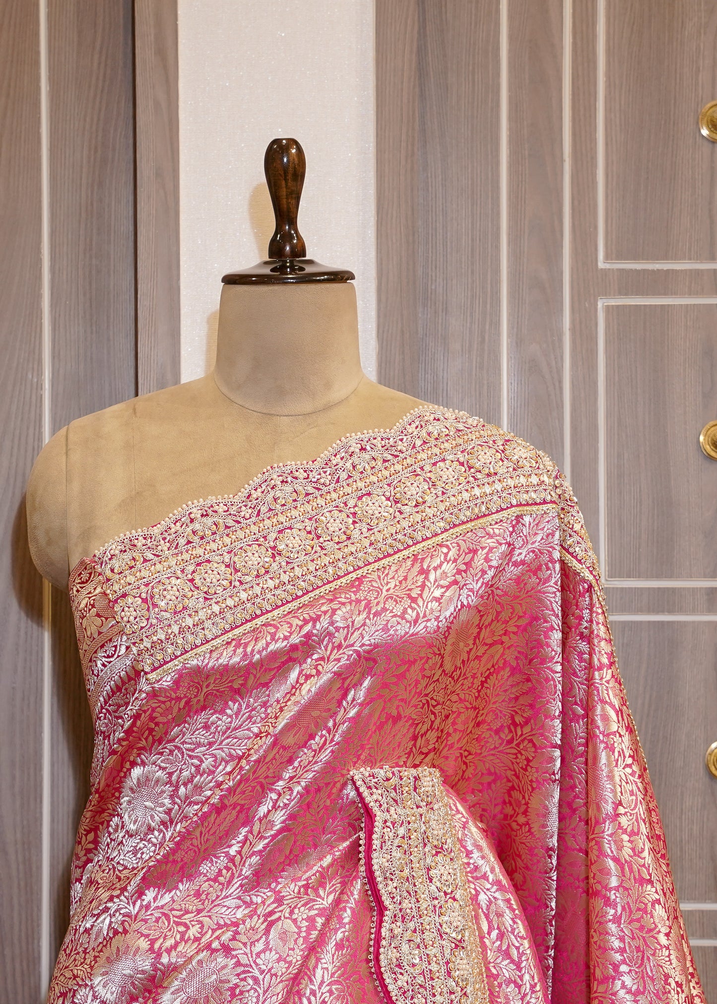 Rani Silk Bead Embroidered Border Saree with Unstitched Blouse