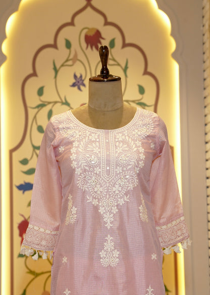 Anamika Pink & White Tassel Border Stitched Suit Set