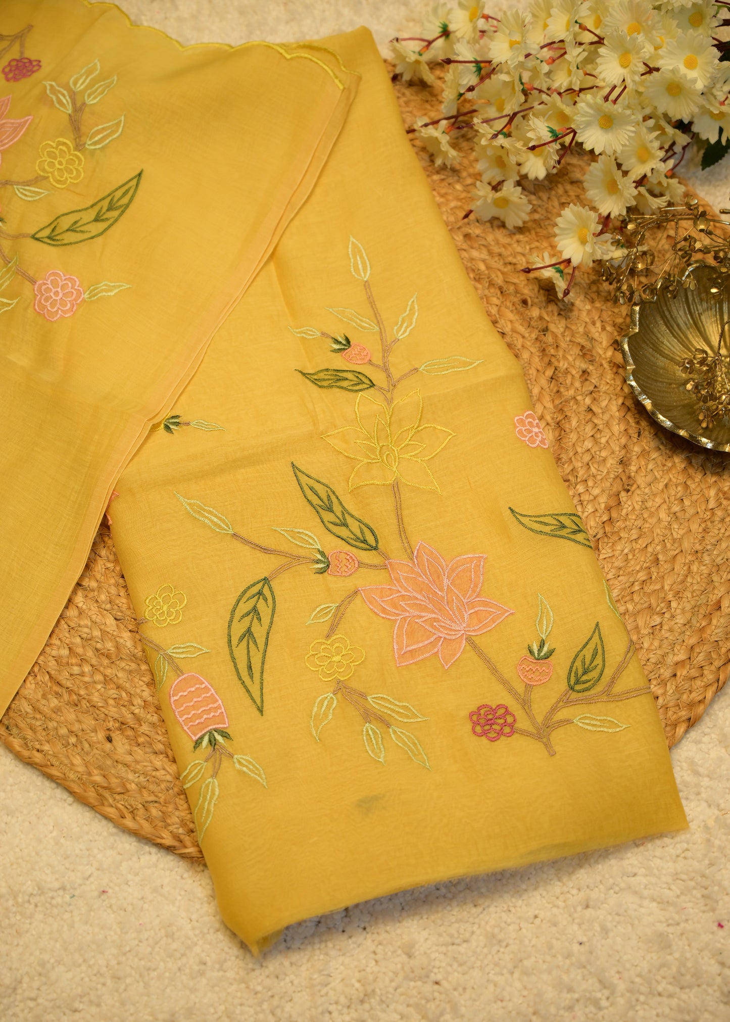 Seeya Yellow Appliqué Unstitched Suit Set