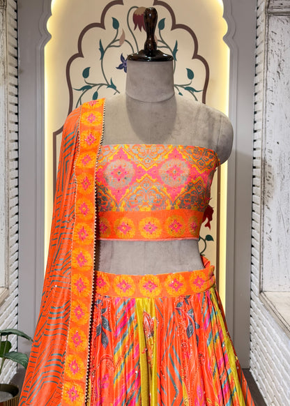 Neon Orange Hand Embellished Silk Lehenga with Unstitched Blouse
