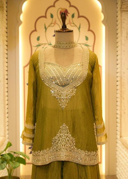 Zehra Olive Embellished Cape Plazo Set
