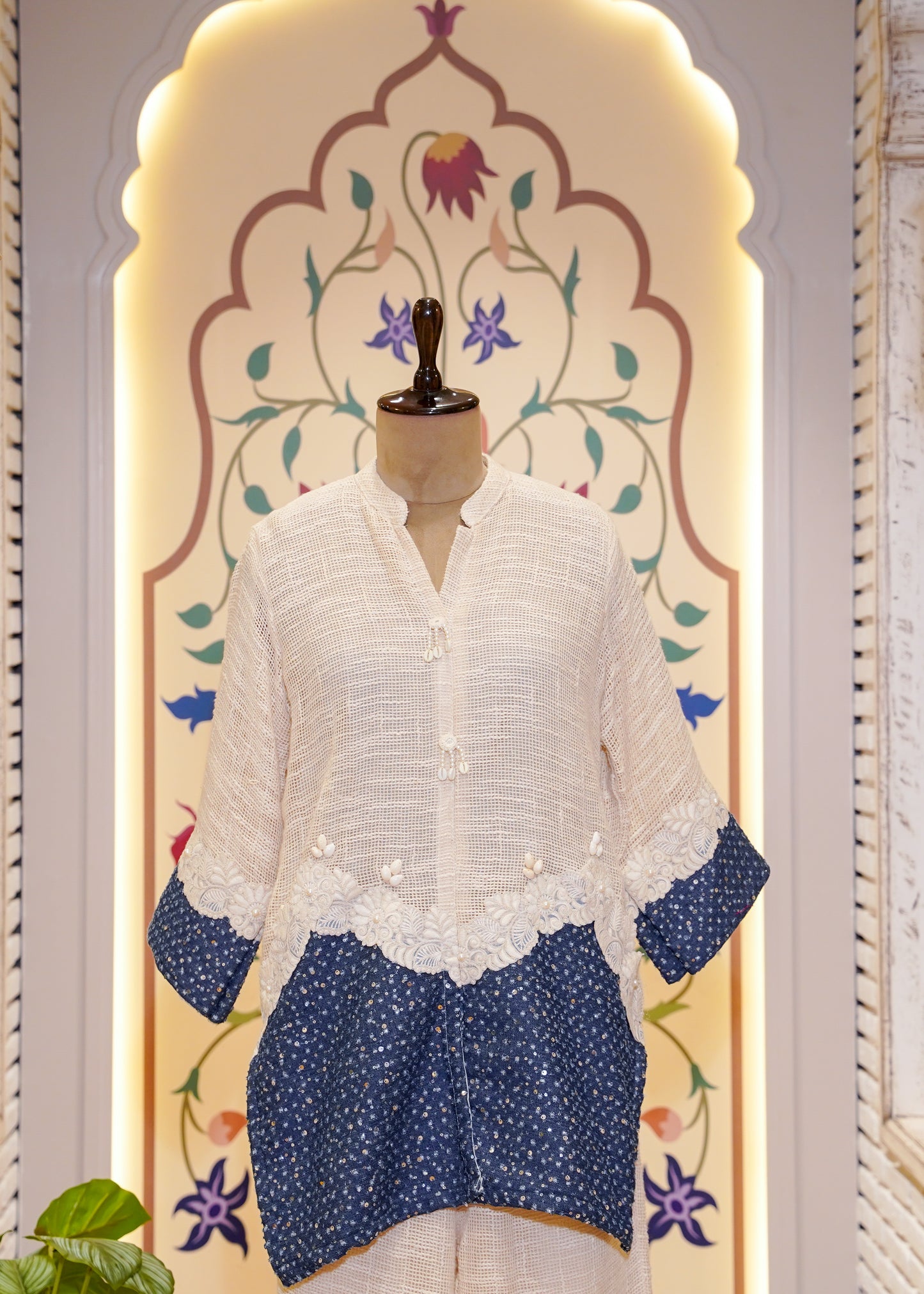 Ivory & Blue Cotton Jute Co-ord Set with Shells & Thread Embroidery