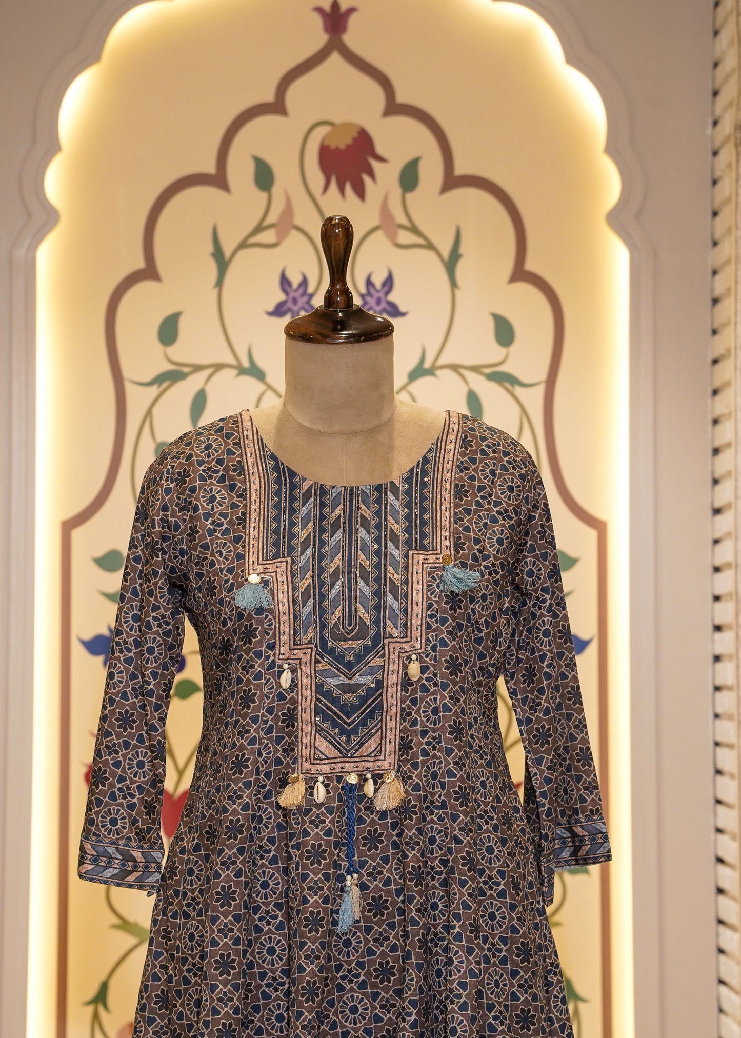 Brown & Blue Printed Peplum with Pants Co-ord set
